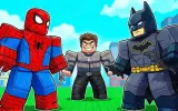 Roblox GFX thumbnail of Spider-Man and Batman characters standing either side of a scared player in a city