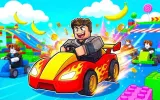 Roblox GFX thumbnail of a character racing a flame-painted go-kart through a colourful candy and brick track