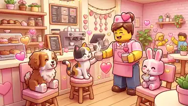 A blocky barista serving drinks to cute cartoon pets in a pink café