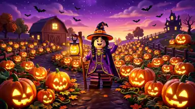 A blocky witch among glowing jack-o-lanterns at dusk