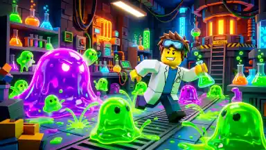 A blocky scientist in a lab coat running past bouncing neon-green slimes