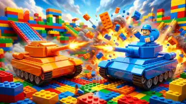 Two toy tanks firing at each other in a colorful brick arena