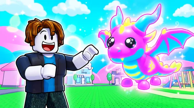 Adopt Me style Roblox thumbnail of a smiling avatar next to a glowing pink and blue neon dragon pet with sparkles Adopt Me style Roblox thumbnail of a smiling avatar next to a glowing pink and blue neon dragon pet with sparkles