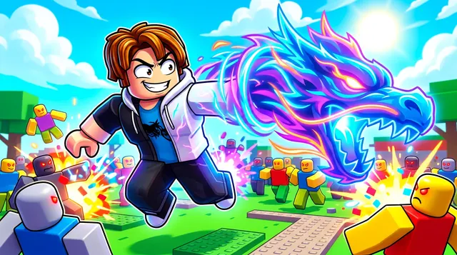 Anime Adventures style Roblox thumbnail of an anime hero launching a glowing blue dragon-shaped energy attack at a crowd of enemies