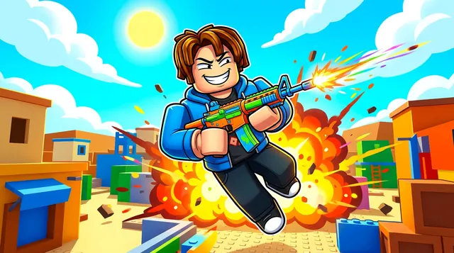 Arsenal style Roblox thumbnail of a grinning avatar firing a colourful rifle mid-jump in front of an explosion