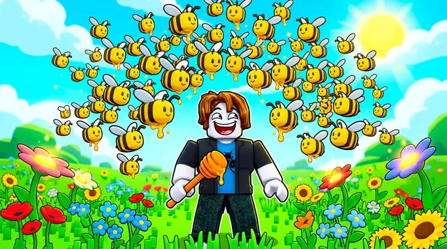 Bee Swarm Simulator style Roblox thumbnail of an avatar holding a honey dipper under a huge swarm of cute bees in a flower field