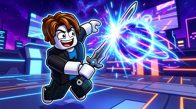 Blade Ball style Roblox thumbnail of an avatar swinging a sword at a glowing blue energy ball in a neon arena Blade Ball style Roblox thumbnail of an avatar swinging a sword at a glowing blue energy ball in a neon arena
