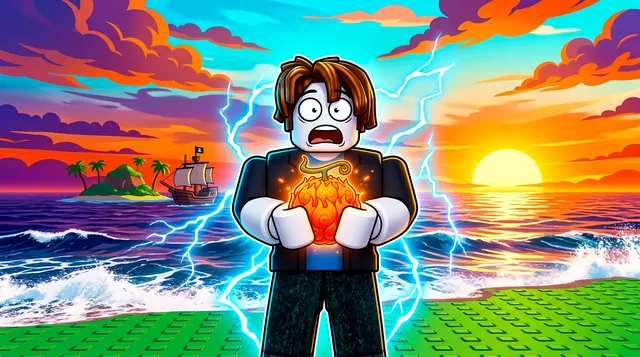 Blox Fruits style Roblox thumbnail of a shocked avatar holding a glowing flame fruit with lightning, a pirate ship and a sunset ocean behind