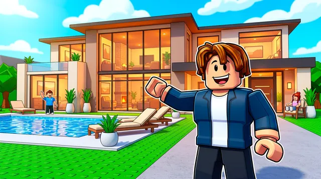 Bloxburg style Roblox thumbnail of a proud avatar in front of a modern house with a pool on a sunny day