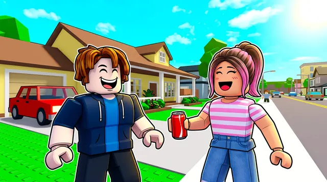 Brookhaven style Roblox thumbnail of two laughing friends outside a suburban house with a red car in the driveway