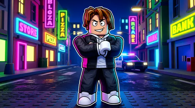 Da Hood style Roblox thumbnail of a confident avatar in a black jacket on a neon-lit city street at night