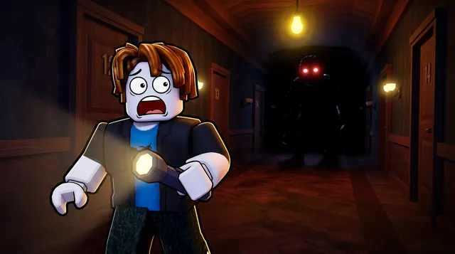 Doors style Roblox thumbnail of a terrified avatar with a flashlight in a dark hotel hallway as a shadowy entity with red eyes approaches