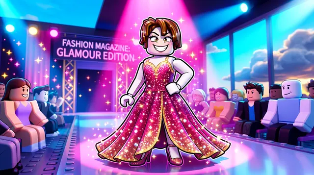 Dress to Impress style Roblox thumbnail of an avatar in a sparkling pink gown on a fashion runway under spotlights