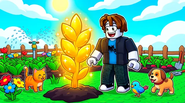 Grow a Garden style Roblox thumbnail of an avatar beside a giant glowing golden crop with a sprinkler, a cat, a dog and a bird