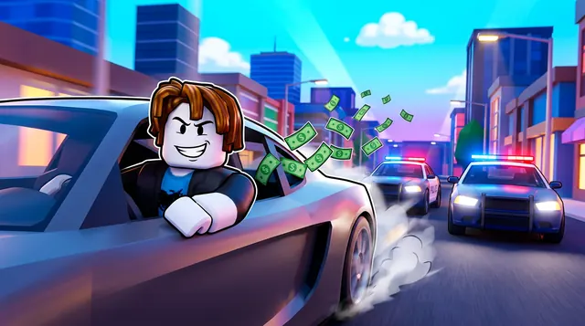 Jailbreak style Roblox thumbnail of a grinning avatar driving a sports car away from police cars with cash flying