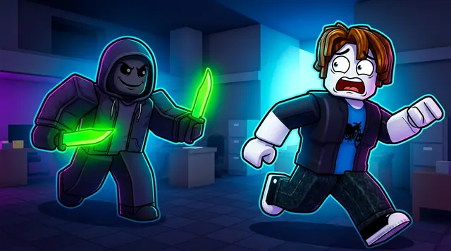 Murder Mystery 2 style Roblox thumbnail of a hooded figure with a glowing green knife behind a frightened running avatar