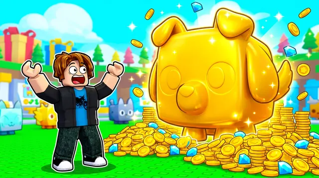 Pet Simulator 99 style Roblox thumbnail of an excited avatar next to a giant golden dog pet on a pile of coins and gems Pet Simulator 99 style Roblox thumbnail of an excited avatar next to a giant golden dog pet on a pile of coins and gems