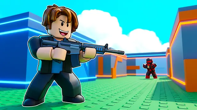 Rivals style Roblox thumbnail of a confident avatar aiming a rifle across a clean competitive arena