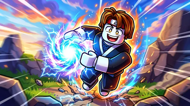 Shindo Life style Roblox thumbnail of a ninja avatar charging a swirling blue-white energy technique among rocks Shindo Life style Roblox thumbnail of a ninja avatar charging a swirling blue-white energy technique among rocks