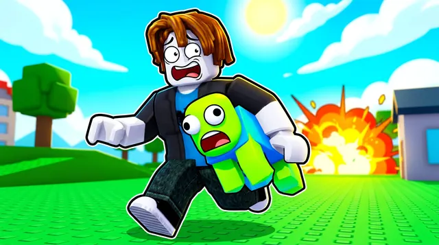 Steal a Brainrot style Roblox thumbnail of a panicked avatar running off with a green meme creature as an explosion goes off behind
