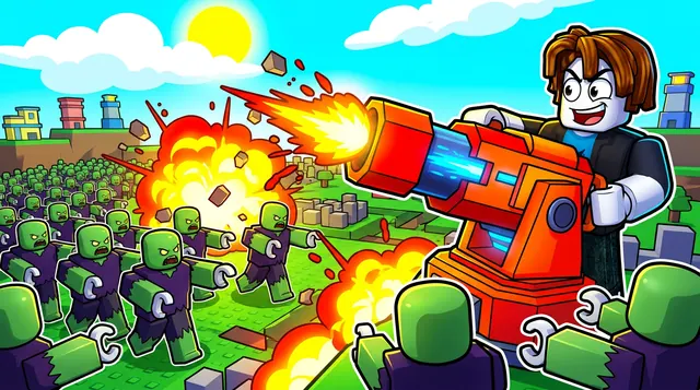 Tower Defense Simulator style Roblox thumbnail of an avatar firing a big orange cannon tower at a horde of green zombies Tower Defense Simulator style Roblox thumbnail of an avatar firing a big orange cannon tower at a horde of green zombies