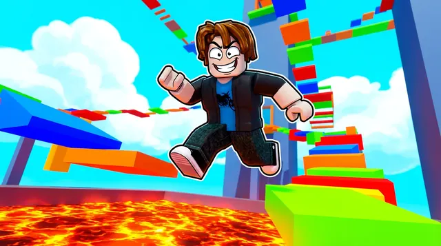 Tower of Hell style Roblox thumbnail of a grinning avatar leaping between colourful obby platforms above glowing lava